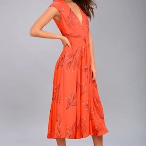 Free People Retro Vibrant Coral Orange Floral Midi Dress Size 4